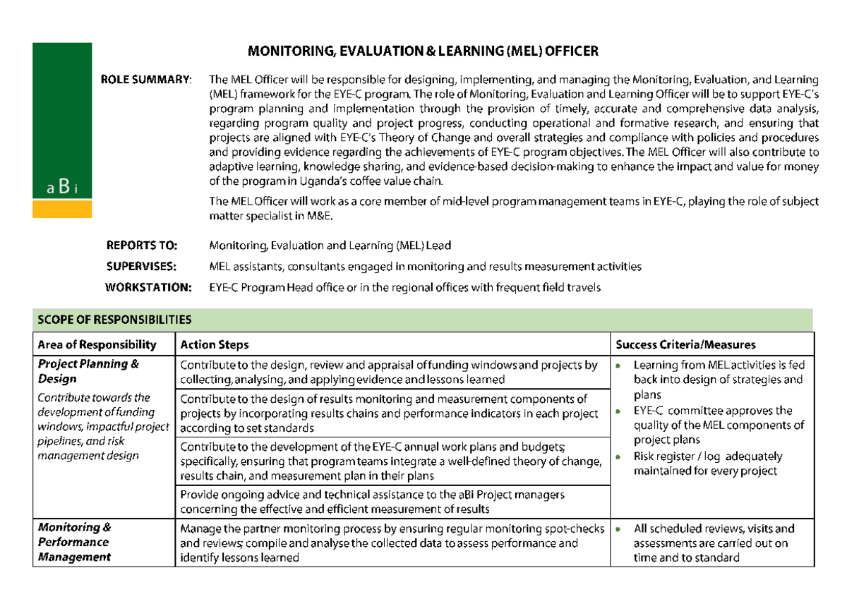 MEL Officer Job Description: Monitoring, Evaluation & Learning Role ...