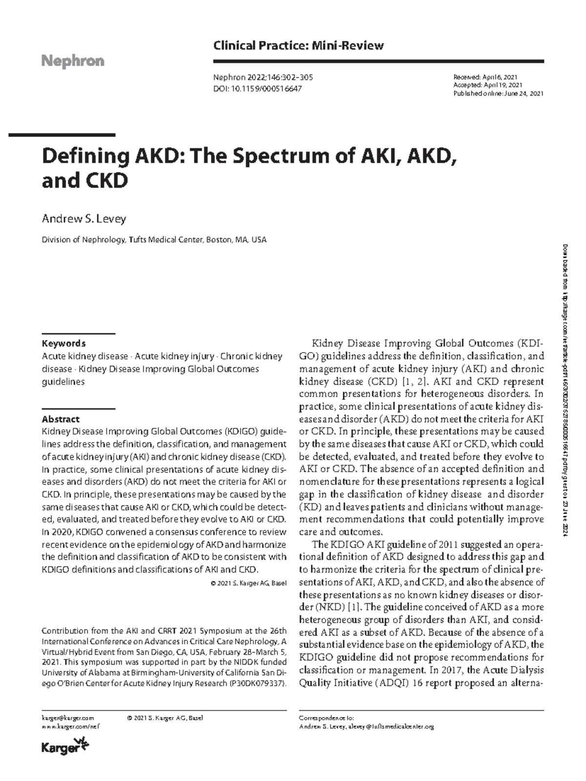 Defining Acute Kidney Disease (AKD) - Nephron 2022;146:302-305 - Studocu