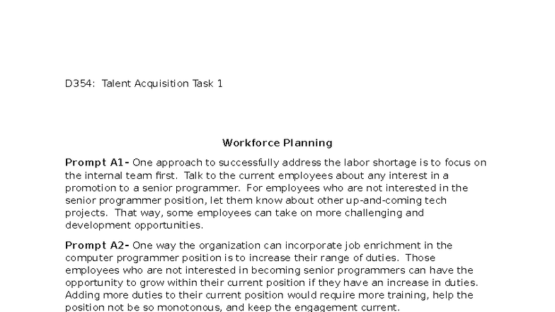Talent Acquisition D354 - Task 1: Workforce Planning & Job Analysis ...
