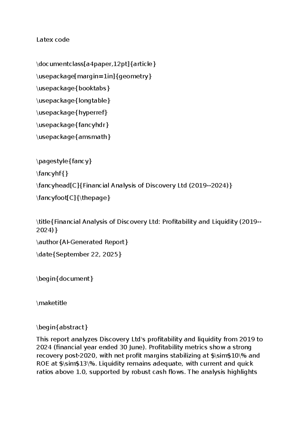 Latex Code Analysis of Discovery Ltd: Profitability & Liquidity 22 ...