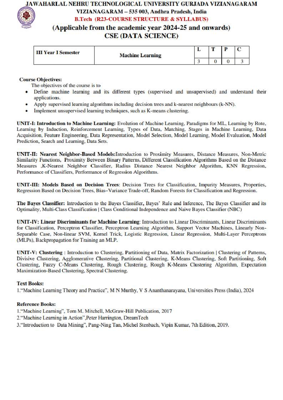 B.Tech CSE 3003: Machine Learning Syllabus & Course Objectives - Studocu