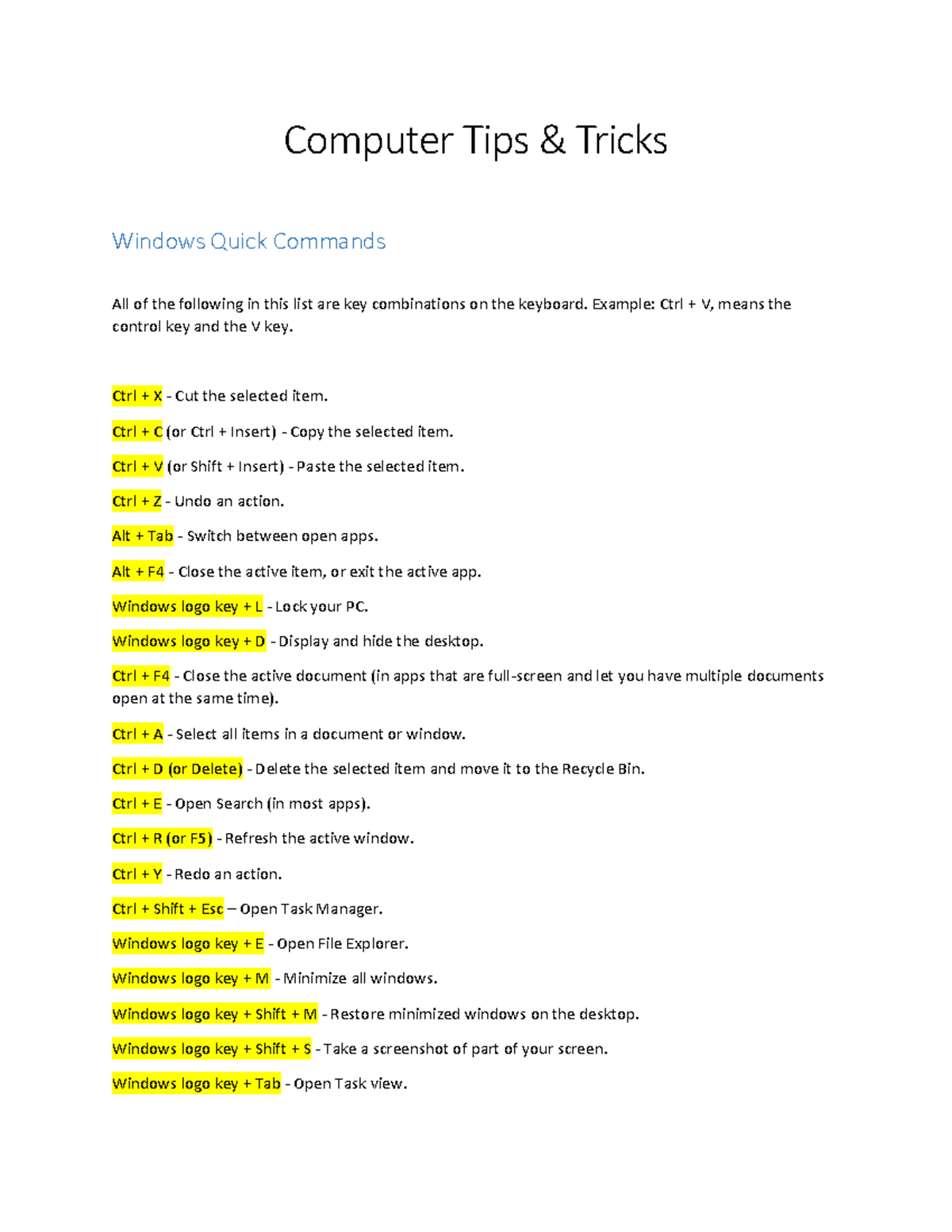 Computer Tips & Tricks: Essential Windows Shortcuts Guide - Studocu