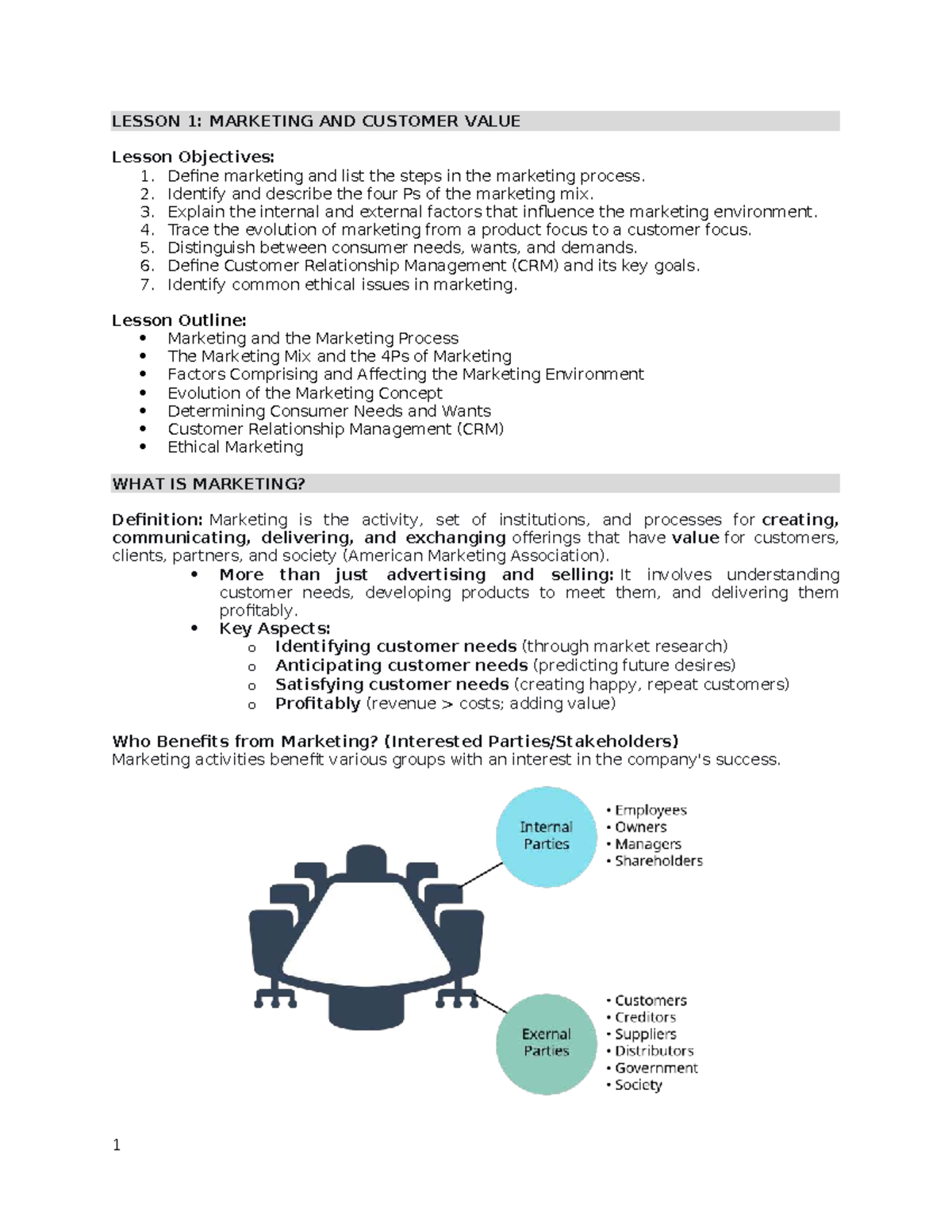 LESSON 1: MARKETING AND CUSTOMER VALUE - Key Concepts and Objectives ...