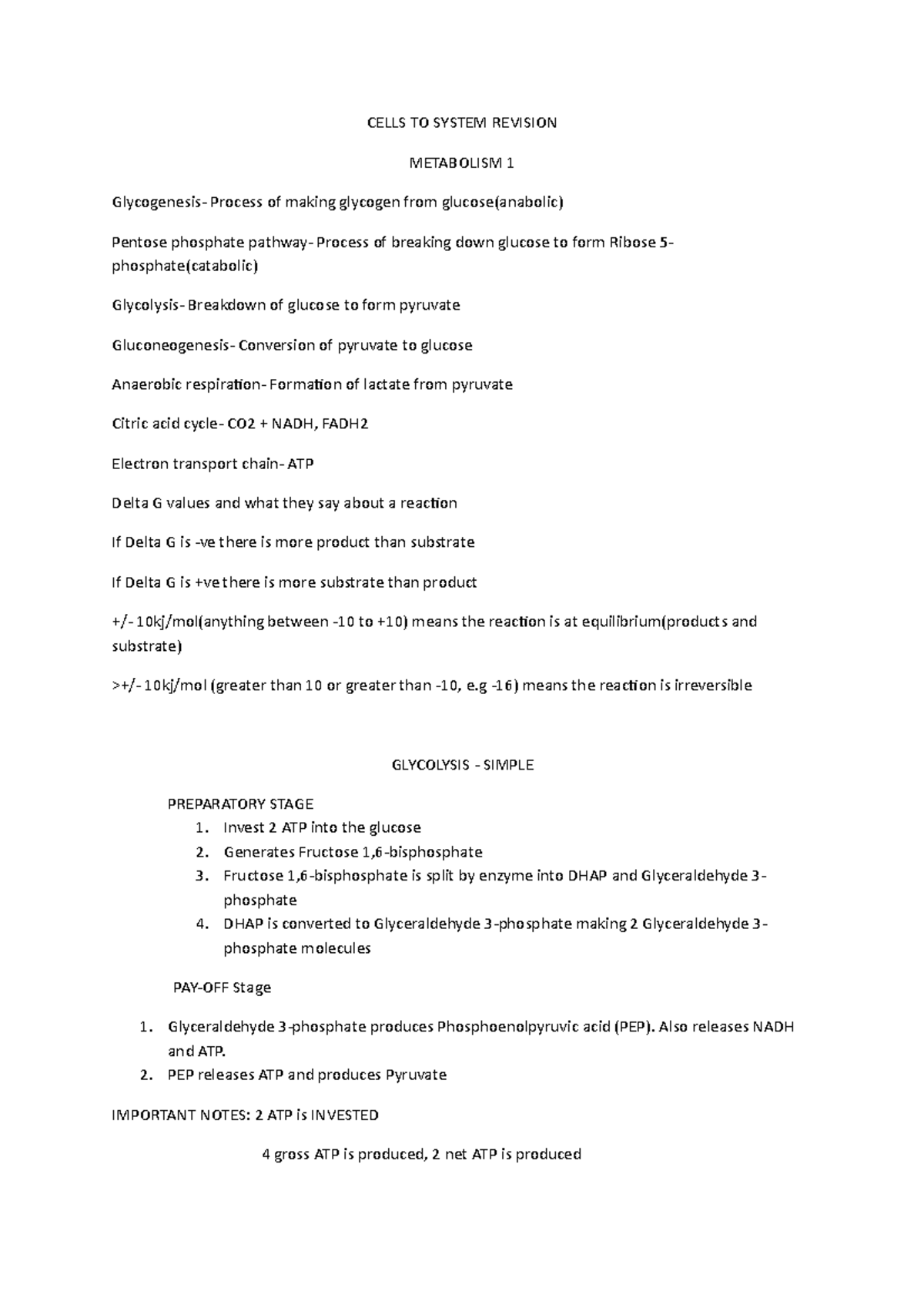 Cells to Systems Notes: Metabolism I Overview and Key Concepts - Studocu