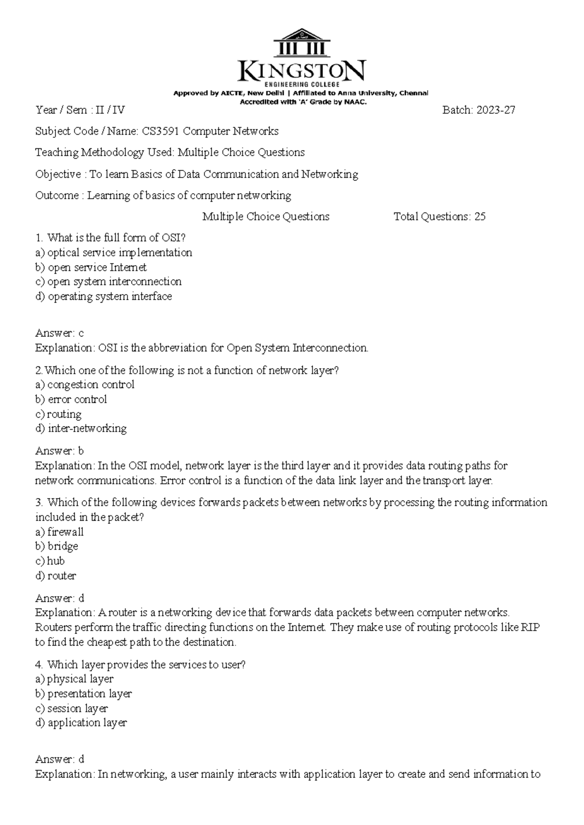 CS3591 Computer Networks: MCQ Study Guide for II Sem - Studocu