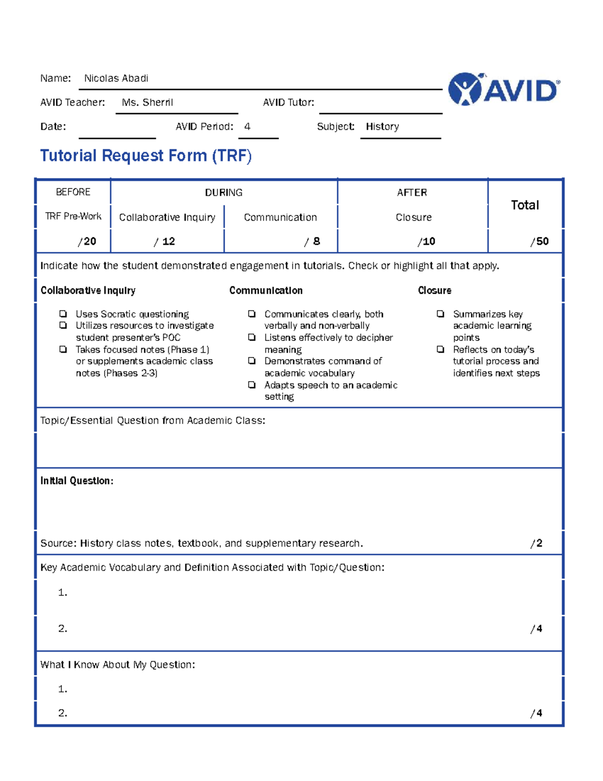 AVID History Tutorial Request Form (TRF) - Engagement & Inquiry Guide ...