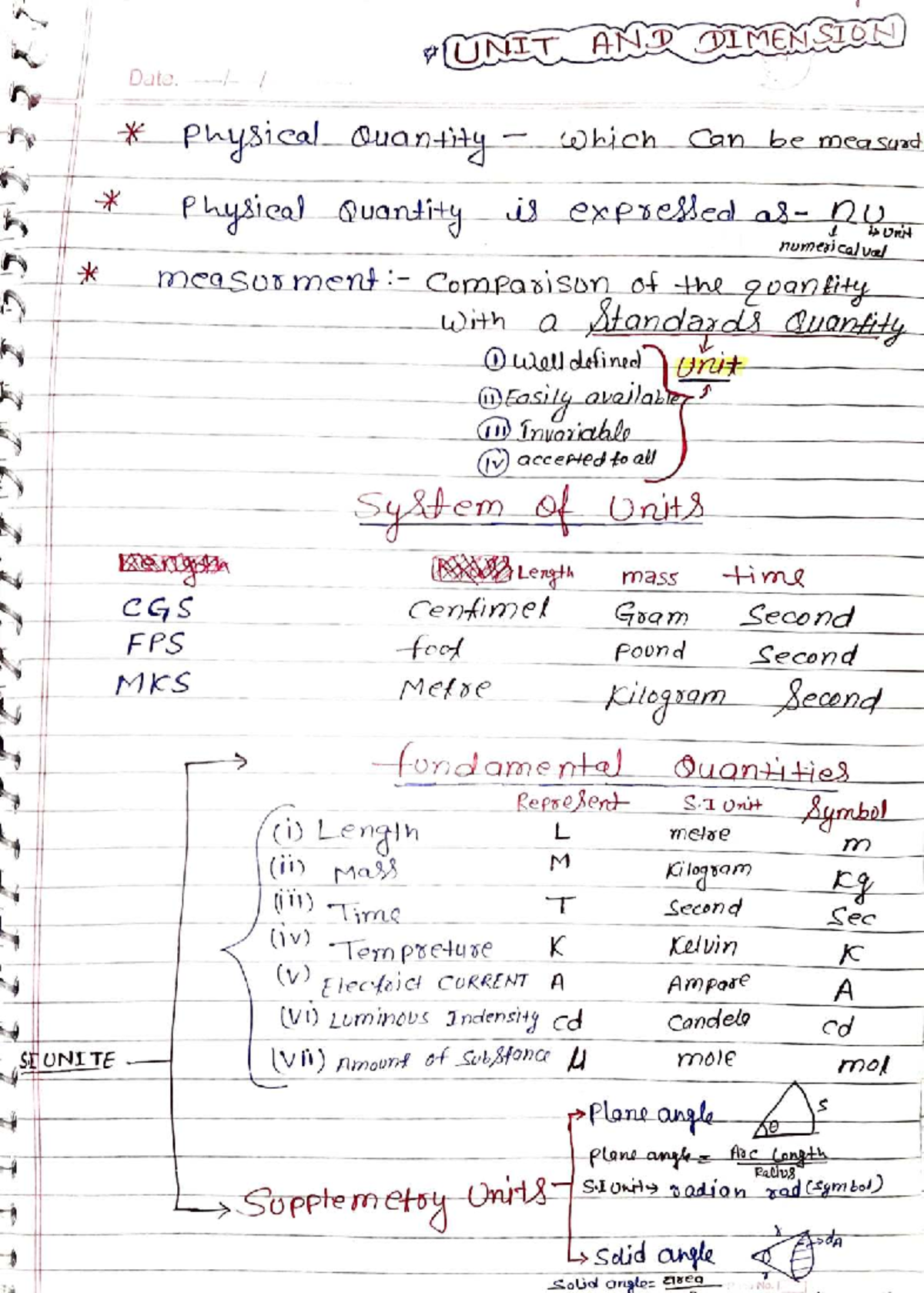 UNIT AND DIMENSION NOTES: Understanding Physical Quantities and Units ...