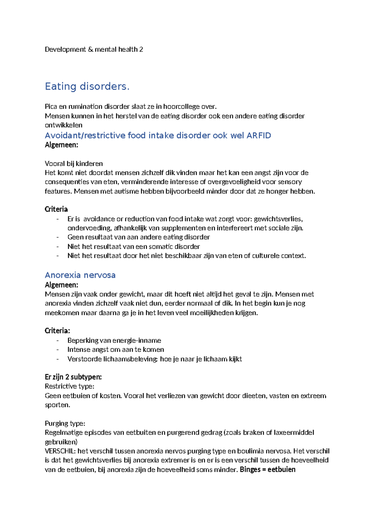 Development & Mental Health 2: Eating Disorders Overview - Studeersnel
