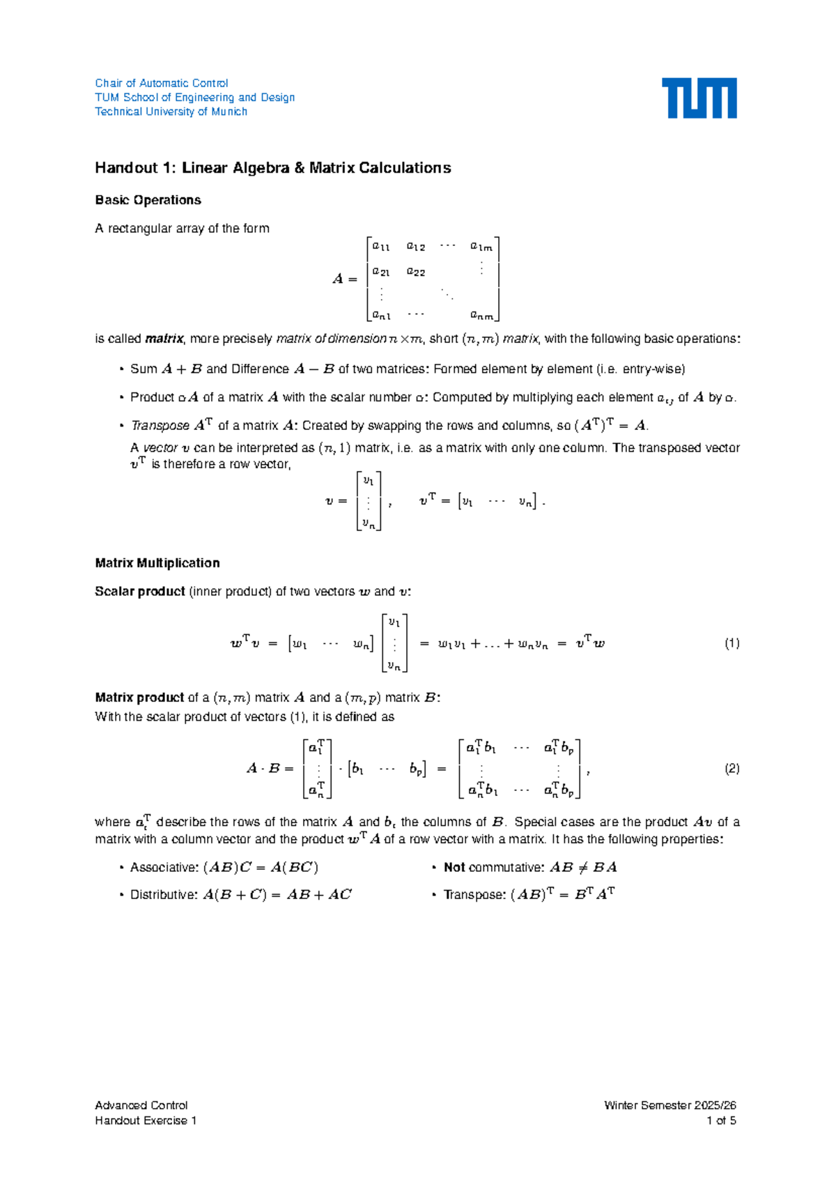 Advanced Control Exercise Handout: Matrix Calculations (TUM) - Studocu