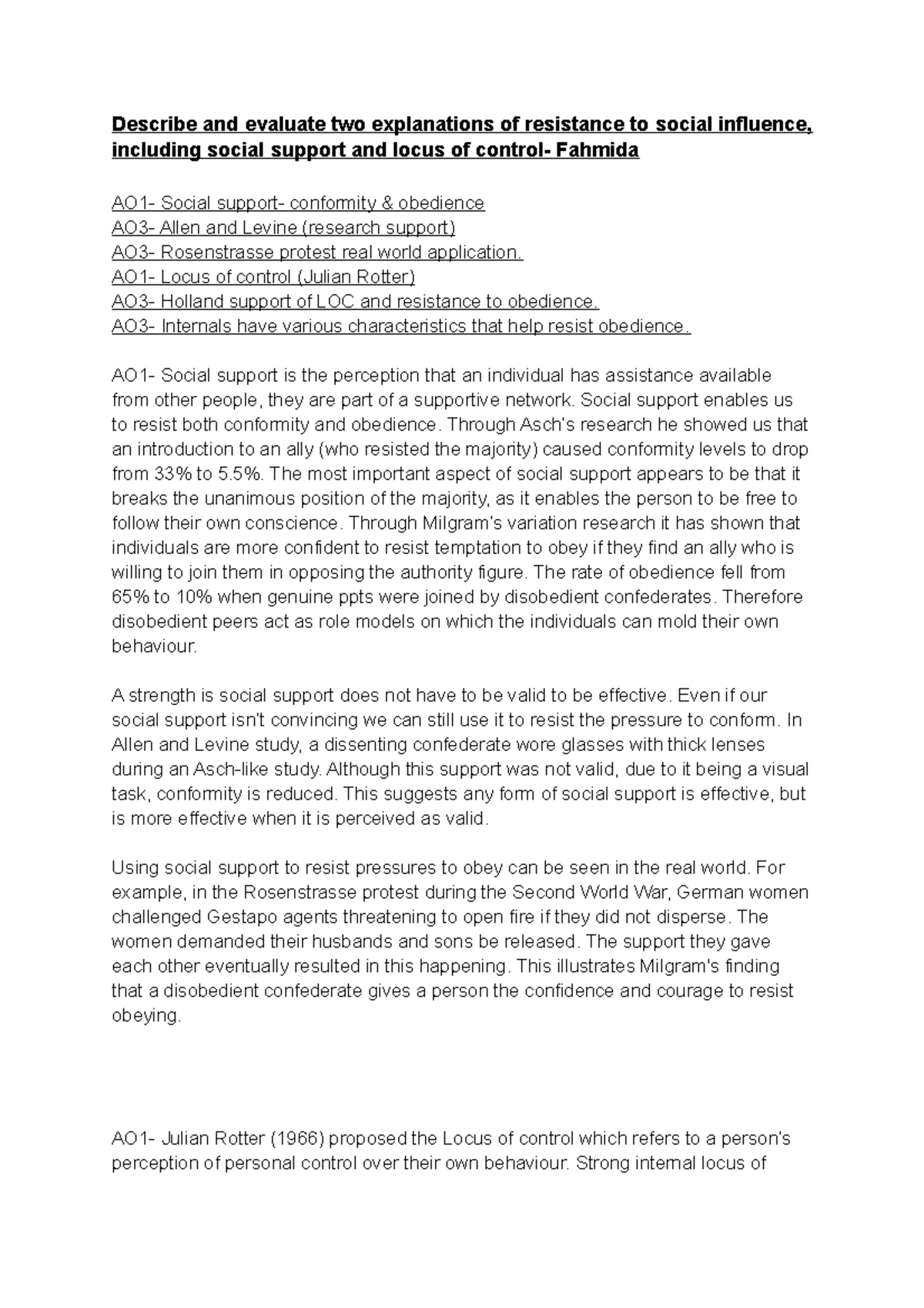 Resistance to Social Influence: Social Support & Locus of Control Essay ...