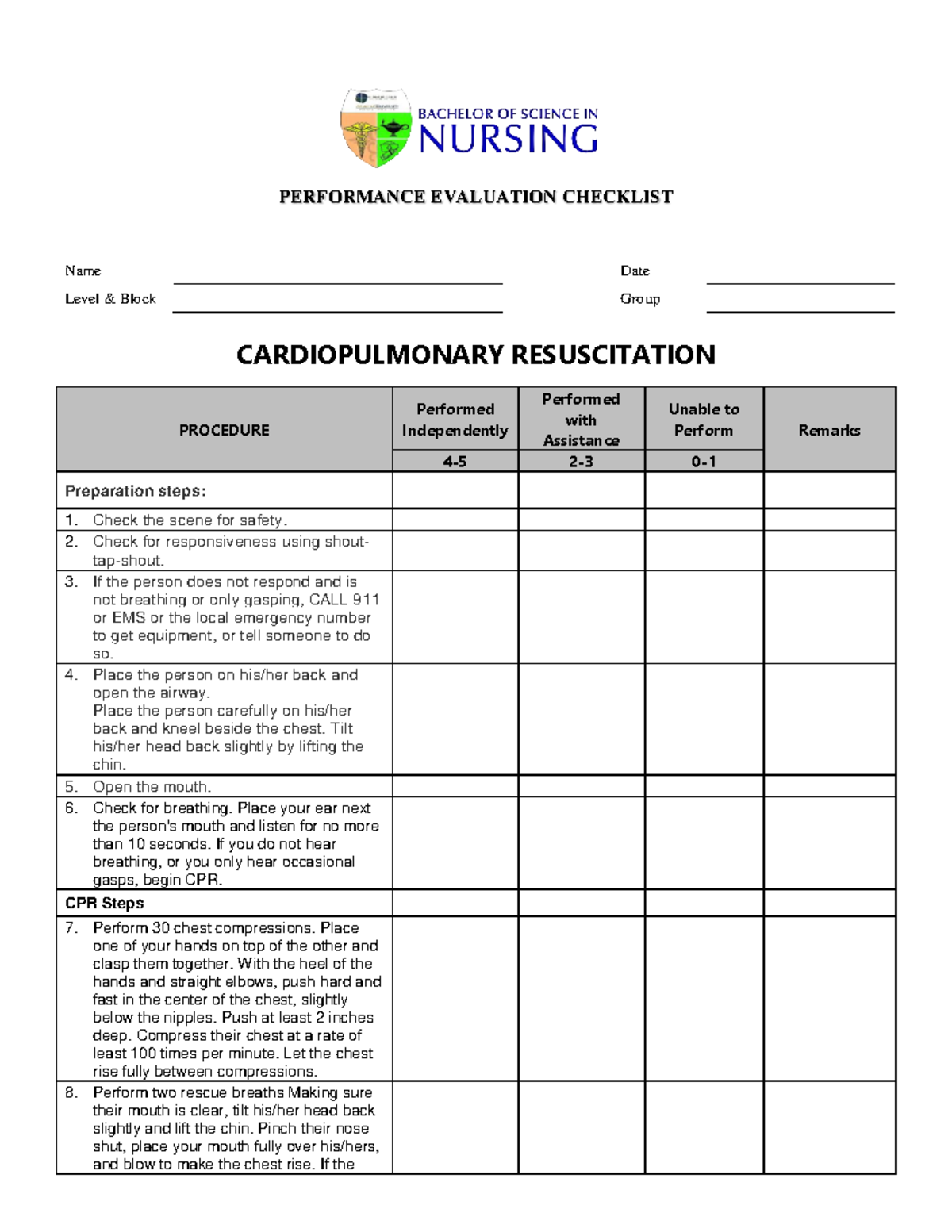 CPR-Checklist - n/a - PERFORMANCE EVALUATION CHECKLIST Name Date Level ...