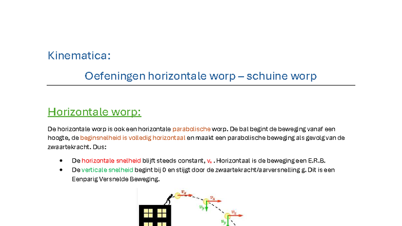 Kinematica: Extra Oefeningen Horizontale en Schuine Worp - Studocu