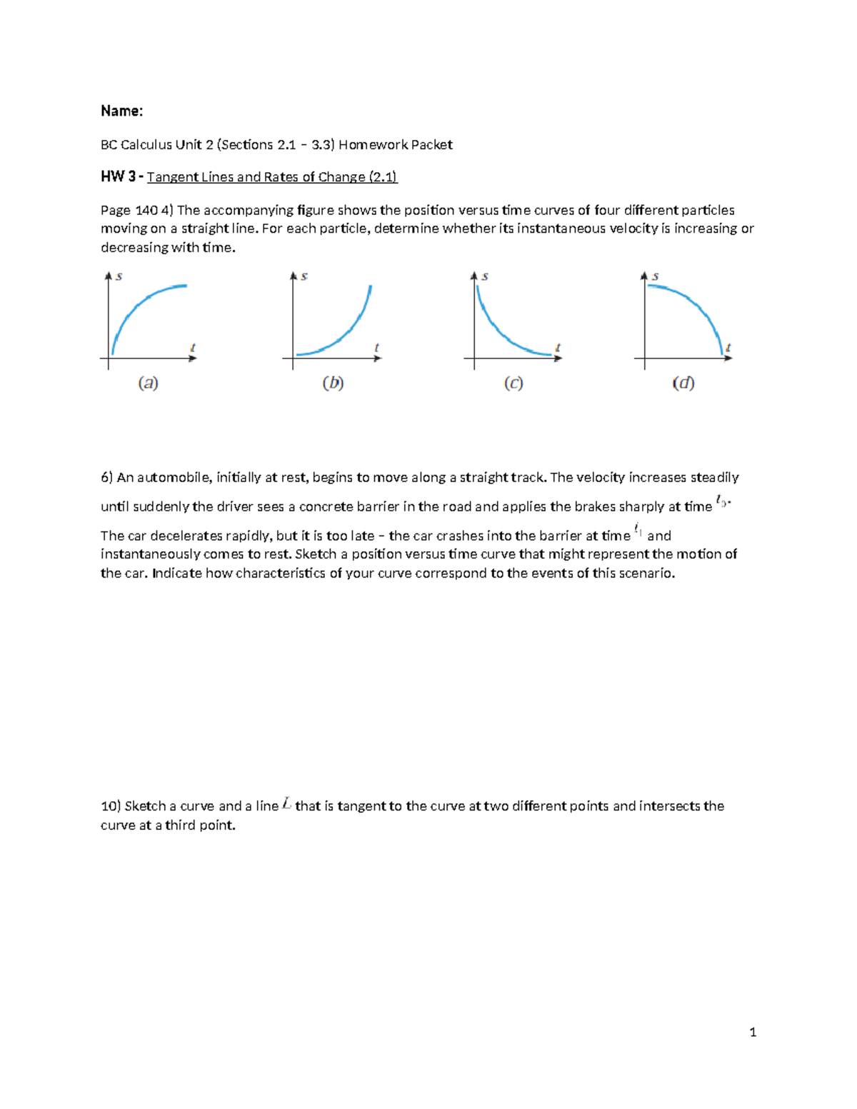 BC Calculus HW Packet: Unit 2 & 3.1-3.3 Tangent Lines & Rates of Change ...