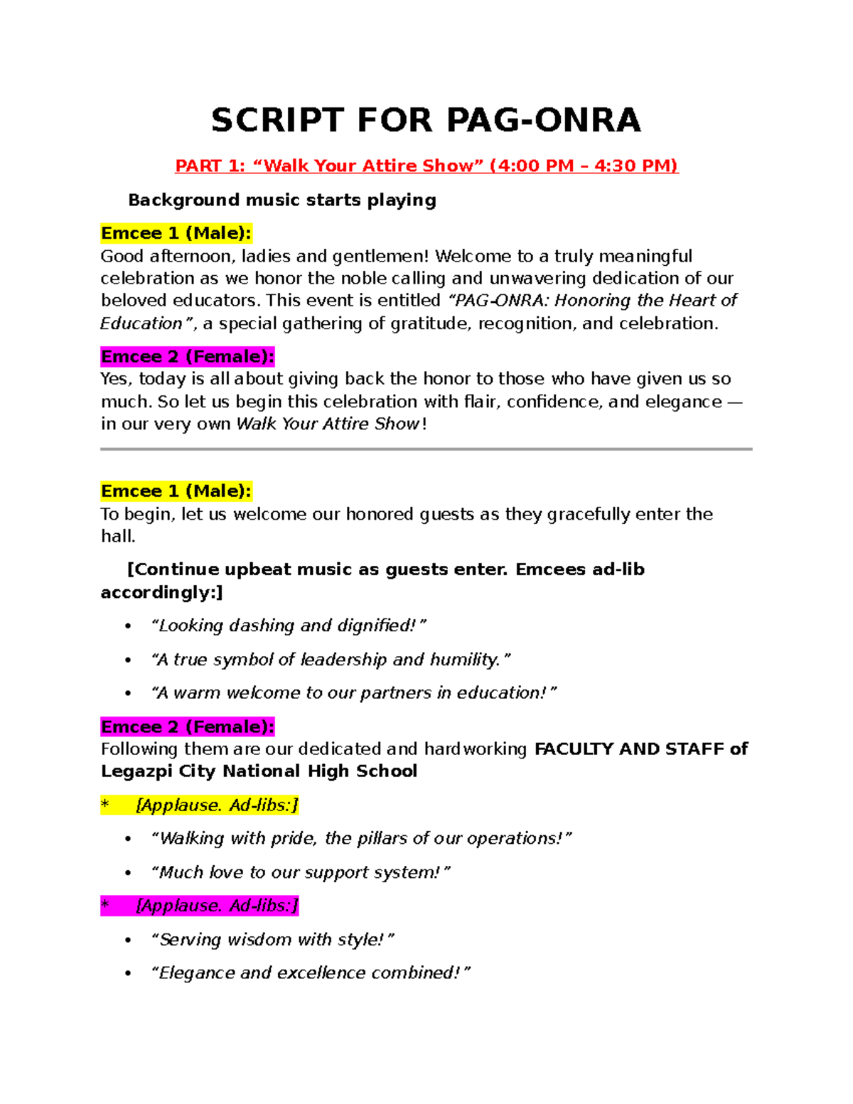 Script for PAG-ONRA Awards Ceremony: Honoring Educators - Studocu
