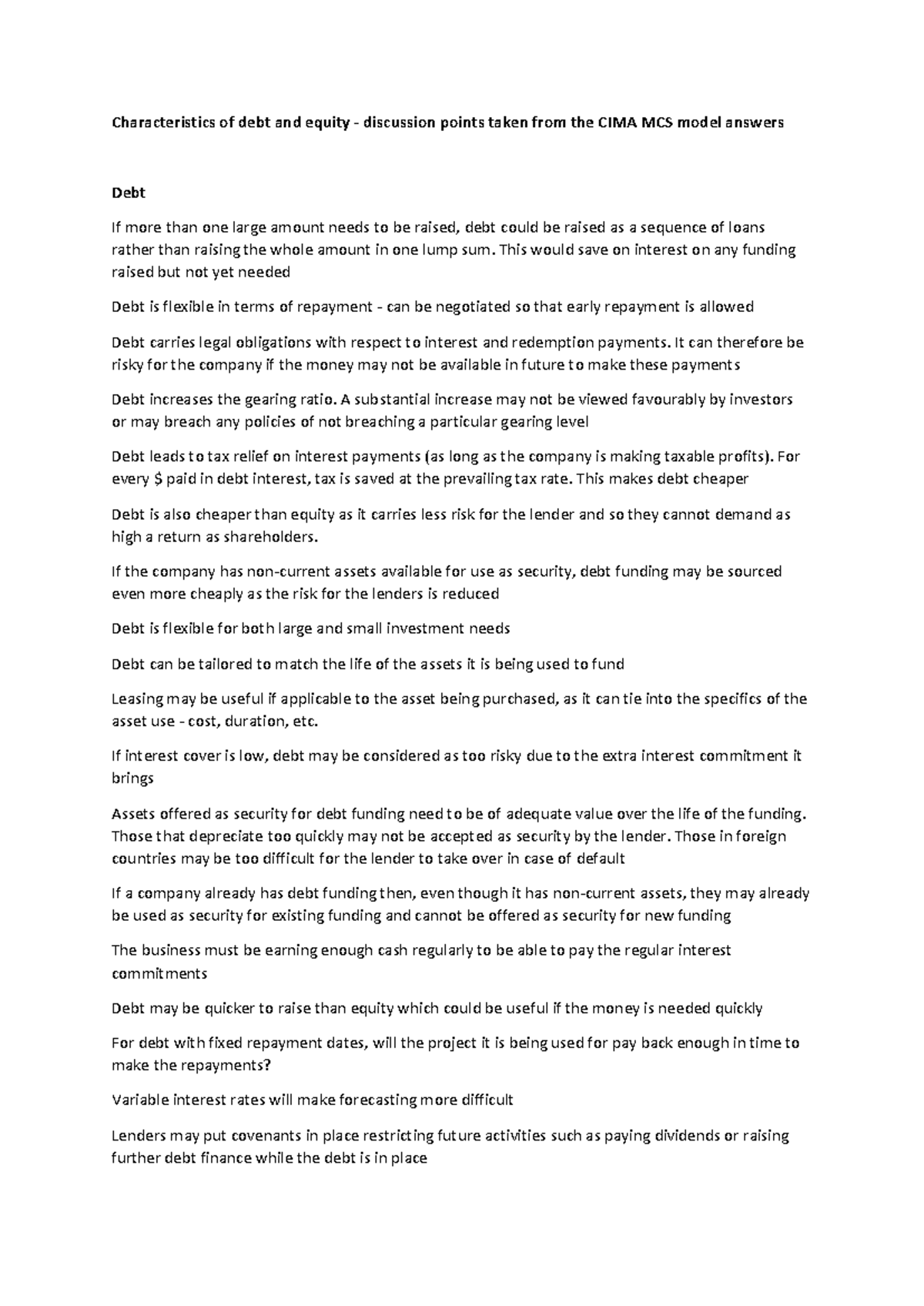 CIMA MCS: Key Discussion Points on Debt and Equity Characteristics ...
