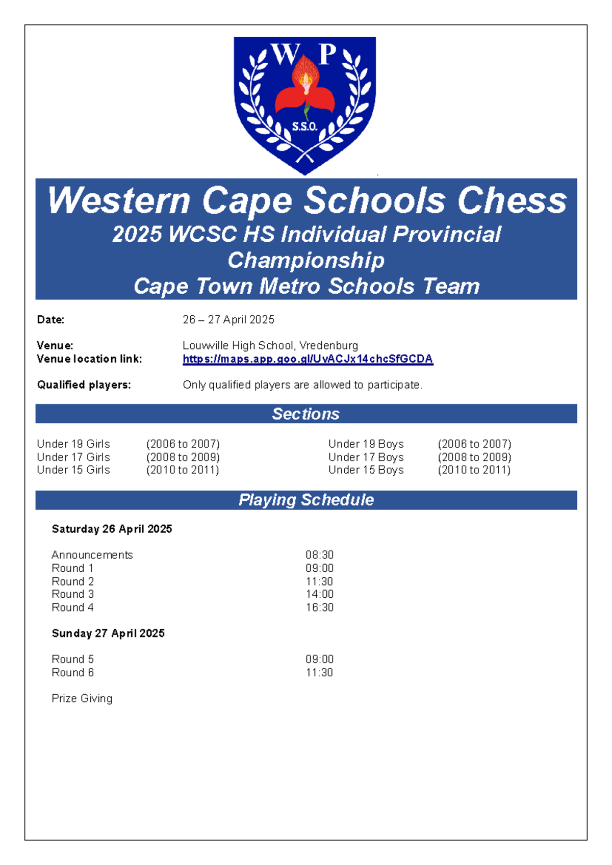 2025 WCSC HS Individual Chess Provincial Championship Details - Studocu