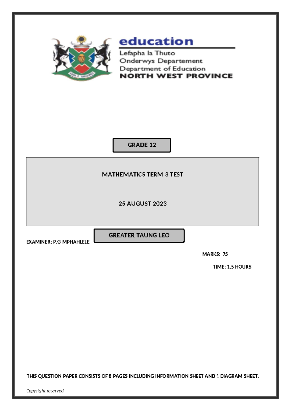 Mathematics Grade 12 Term 3 2023 Test Paper - August 25 - Studocu