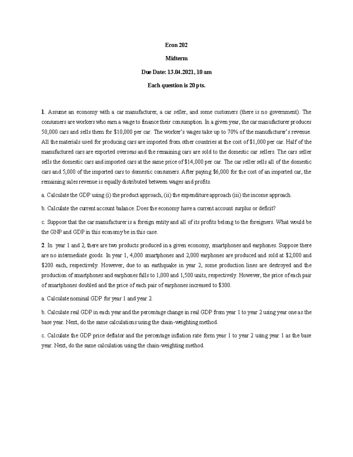 Econ 202 Midterm Exam Study Guide: Key Concepts & Calculations - Studocu