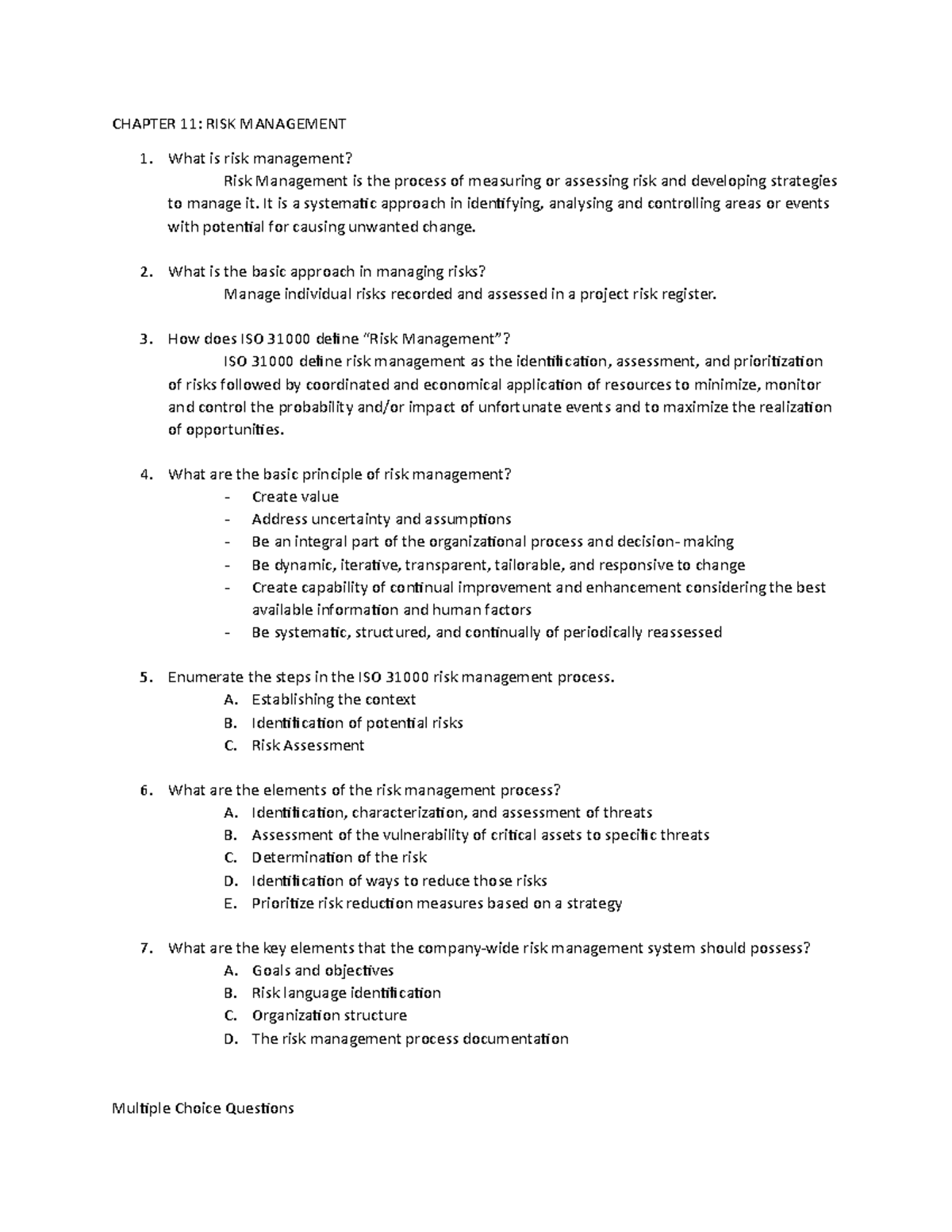 Risk Management Overview: CH11 & 12 Insights and Analysis - Studocu