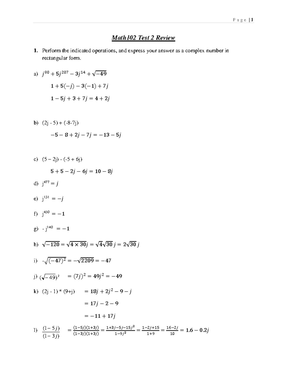 Math102 Test 2 Review: Complex Numbers & Operations Solutions - Studocu