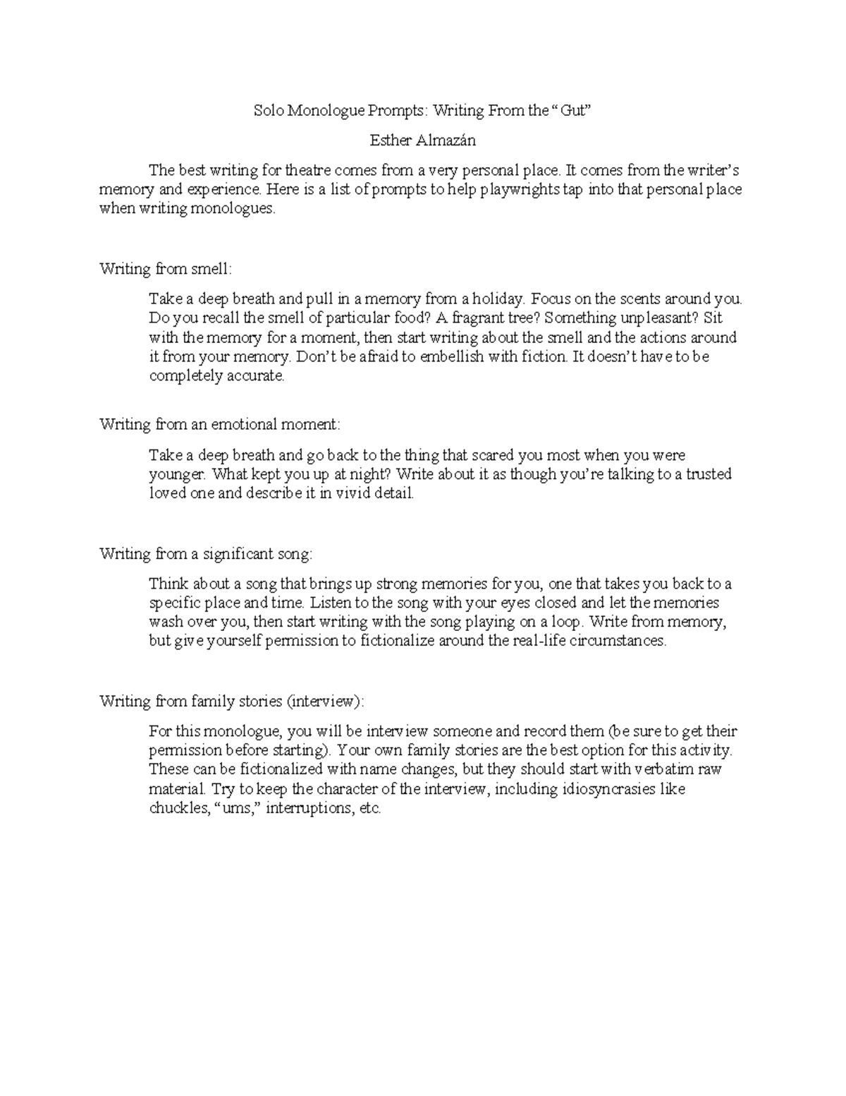Solo Monologue Prompts - It comes from the writer’s memory and ...