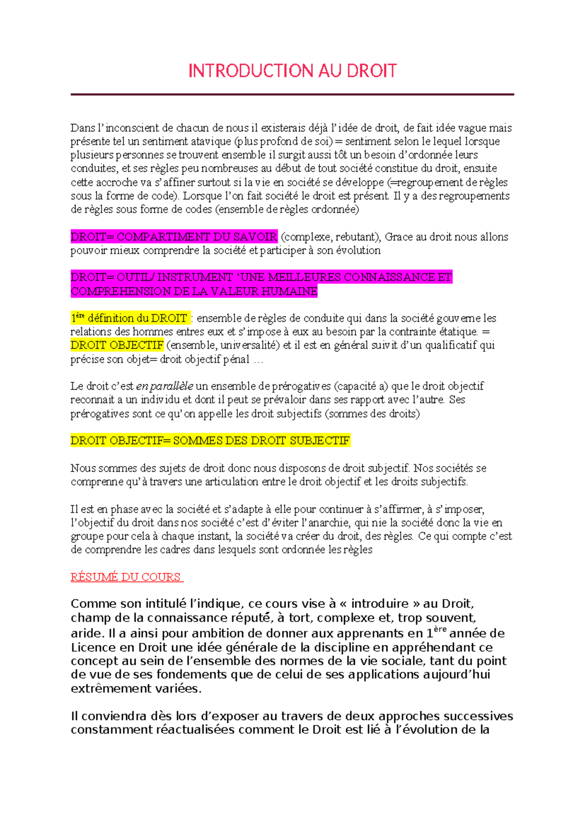 Séance 1 et 2 - Introduction au Droit S1: Fondements et Évolution - Studocu