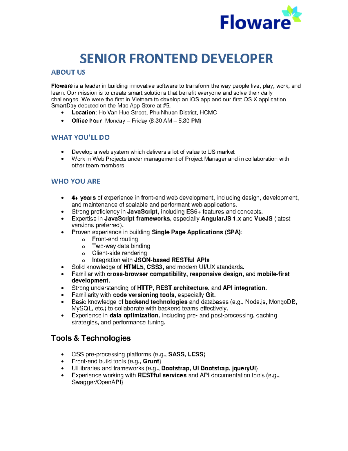JD for Senior Frontend Developer at Floware VN: Key Skills ...