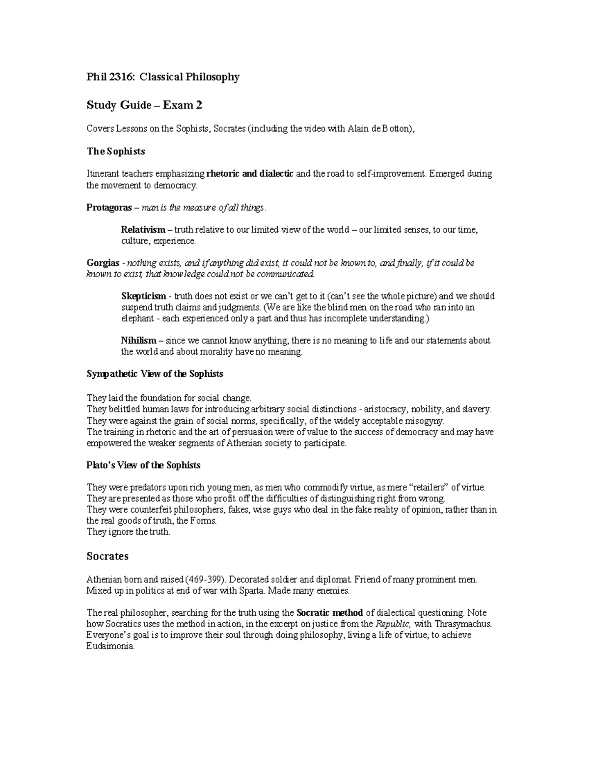 Phil 2316: Classical Philosophy Exam 2 Study Guide - Socrates and ...