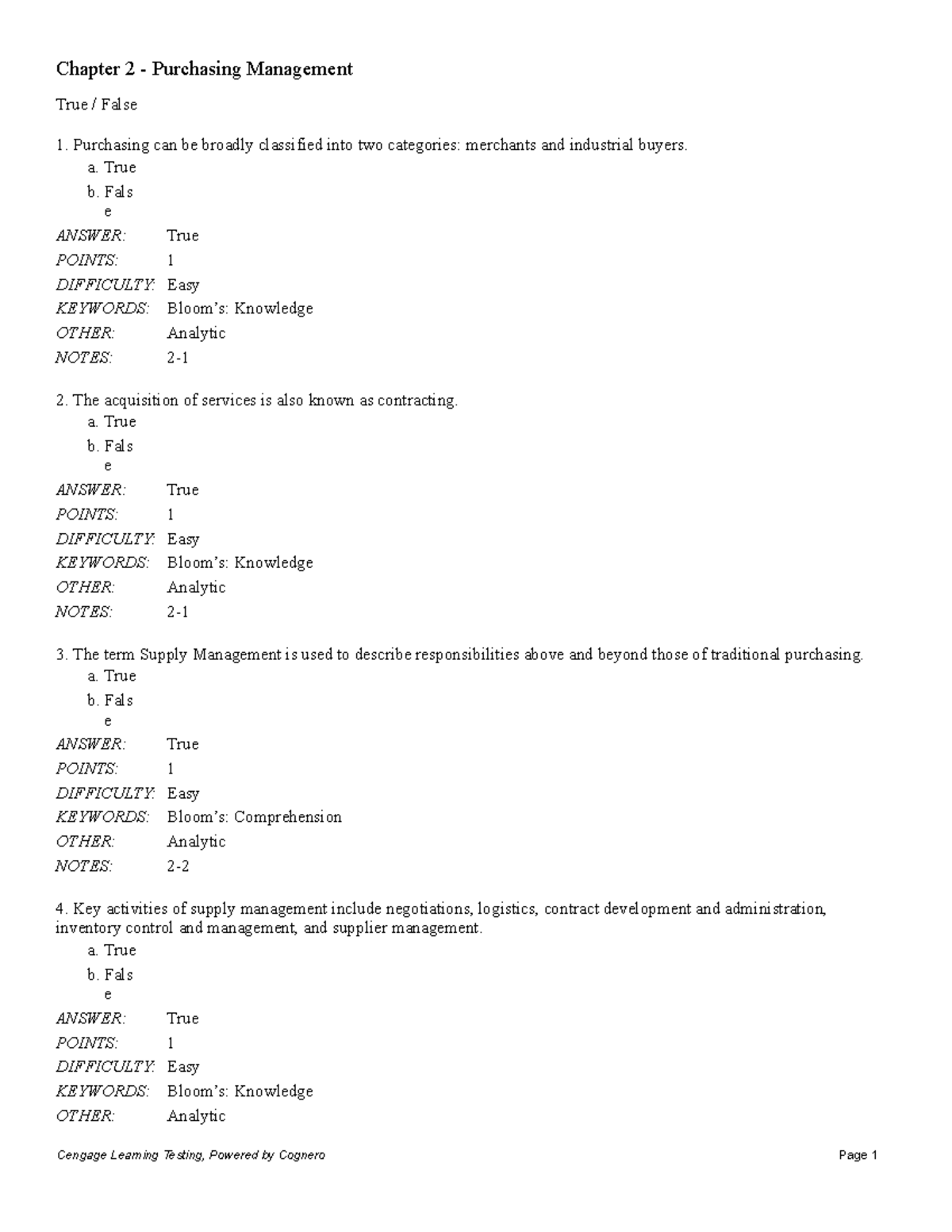 Chapter 2: True/False Questions in Purchasing Management - Studocu