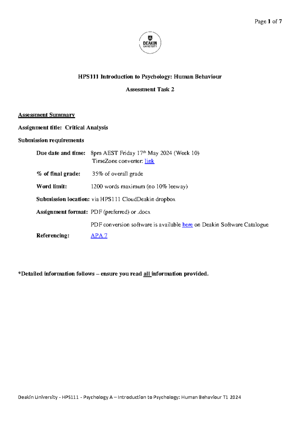 At2 info - at2 assingment information - HPS111 Introduction to ...