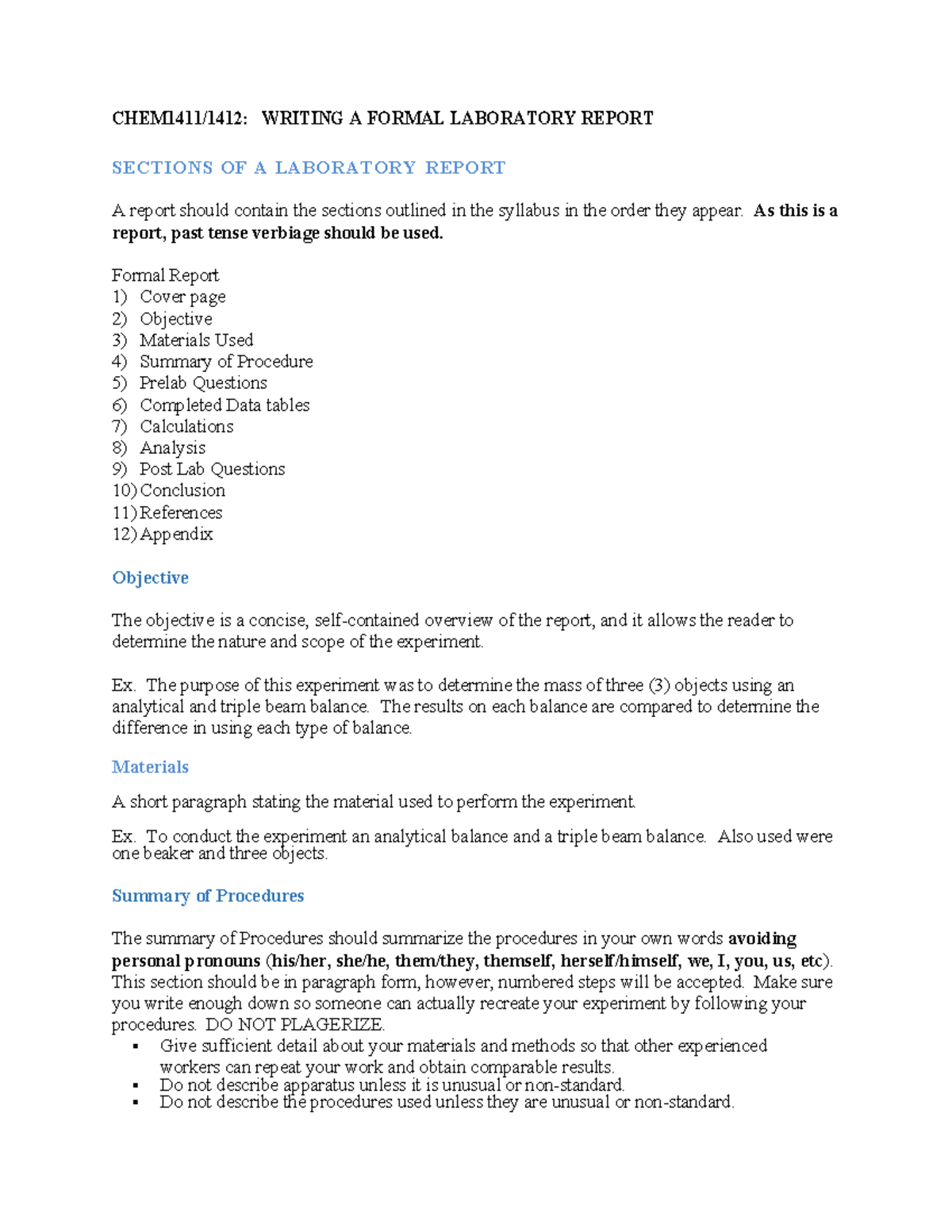 CHEM1411/1412 Formal Lab Report Writing Guide - Studocu