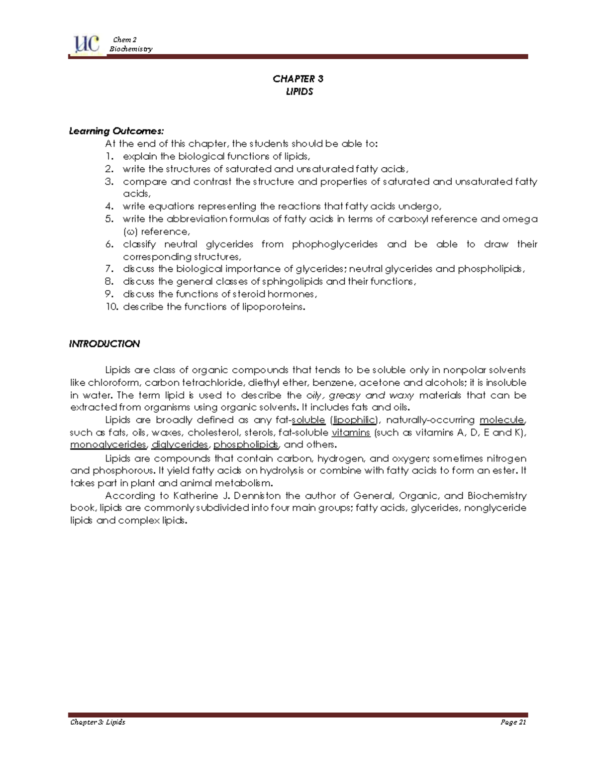 Chem 2 Biochemistry CHAPTER 3: LIPIDS - Comprehensive Study Notes - Studocu