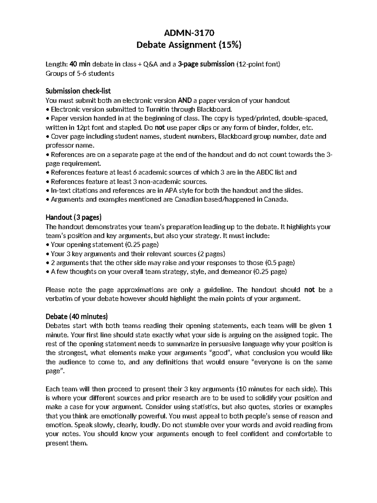 ADMN Debate Assignment W2024 - Guidelines and Expectations - Studocu