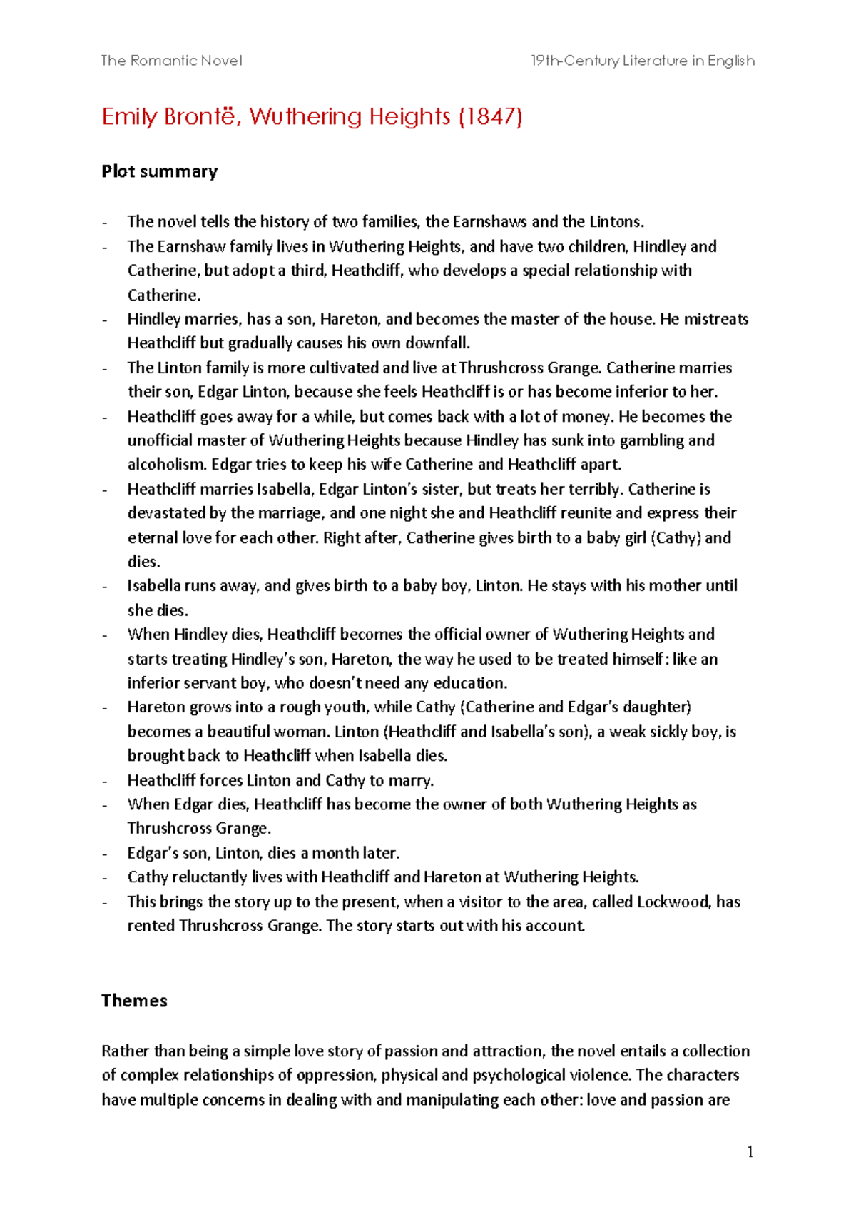 19th C Lit - The Romantic Novel: Wuthering Heights Summary - Studocu