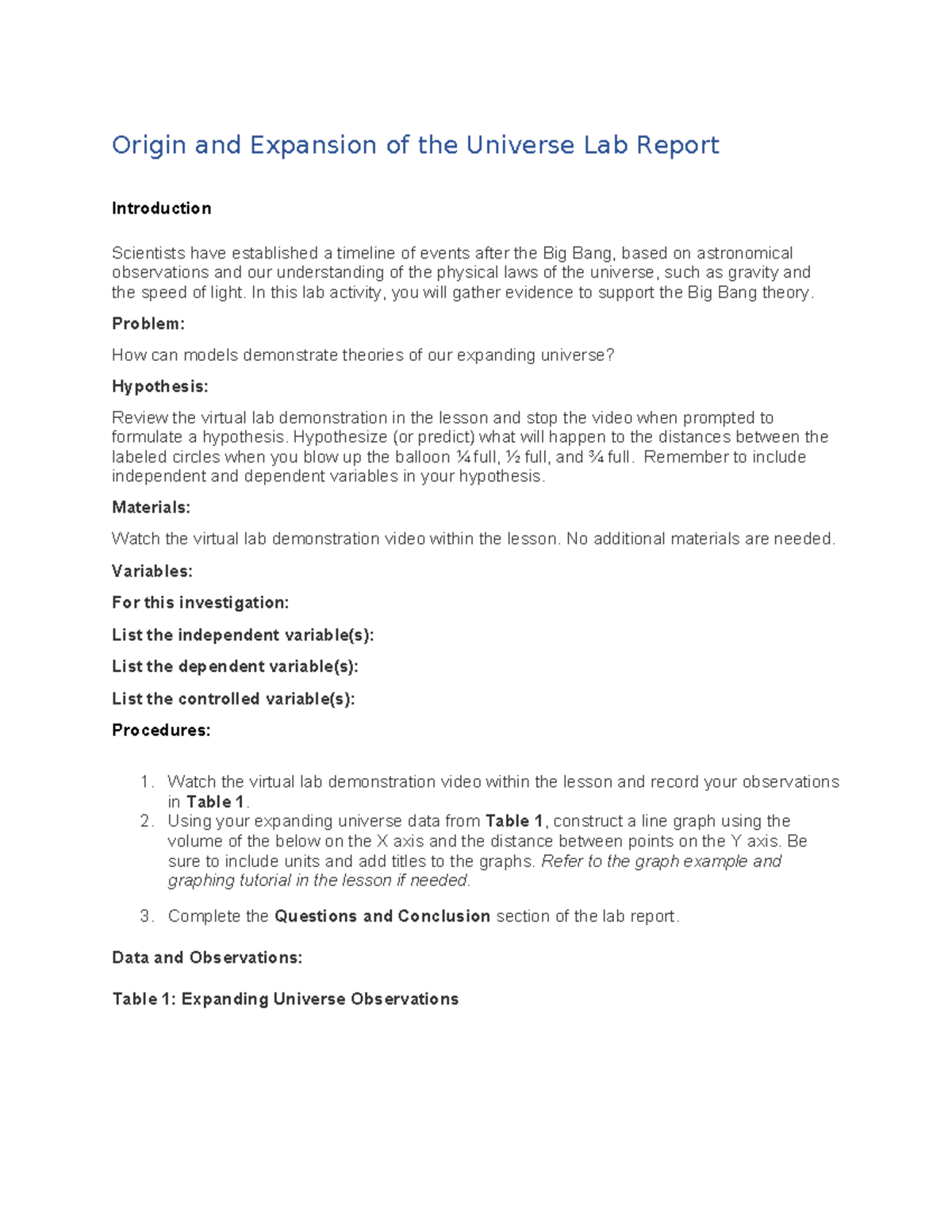 Lab Report: Origin & Expansion of the Universe - Evidence for Big Bang ...