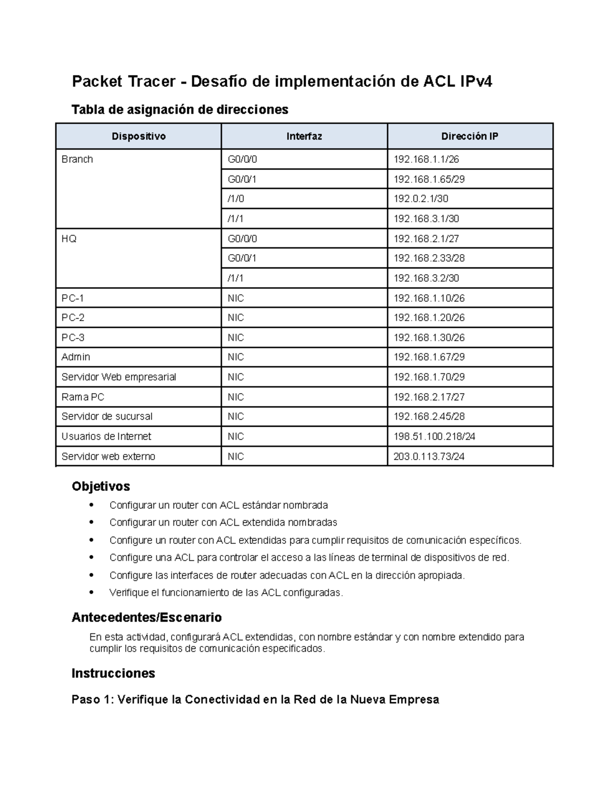 Packet Tracer - Implementación de ACL IPv4 Desafío y Guía de ...