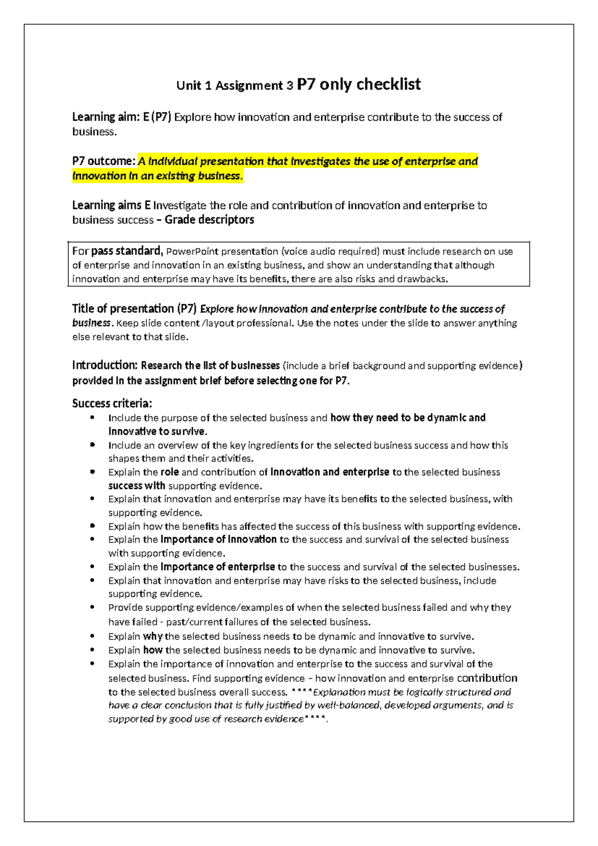 Unit 1 Assignment 3 P7 Checklist: Innovation & Enterprise Impact - Studocu