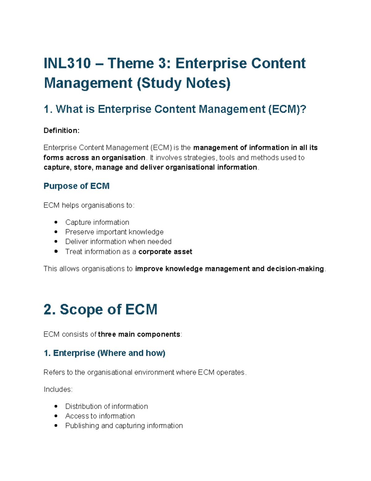 INL310 Theme 3: Study Notes on Enterprise Content Management - Studocu