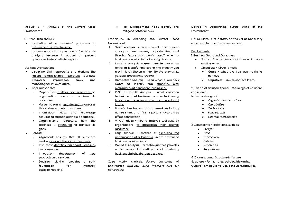 SBA Midterm Notes: Module 6 Environment Analysis and Future State - Studocu