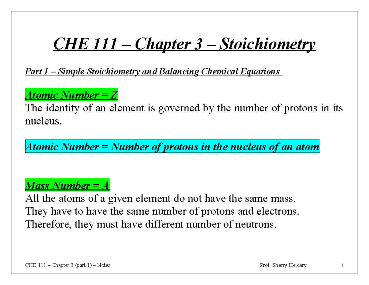 CHE 111 - Chapter 3: Stoichiometry & Balancing Chemical Equations - Studocu
