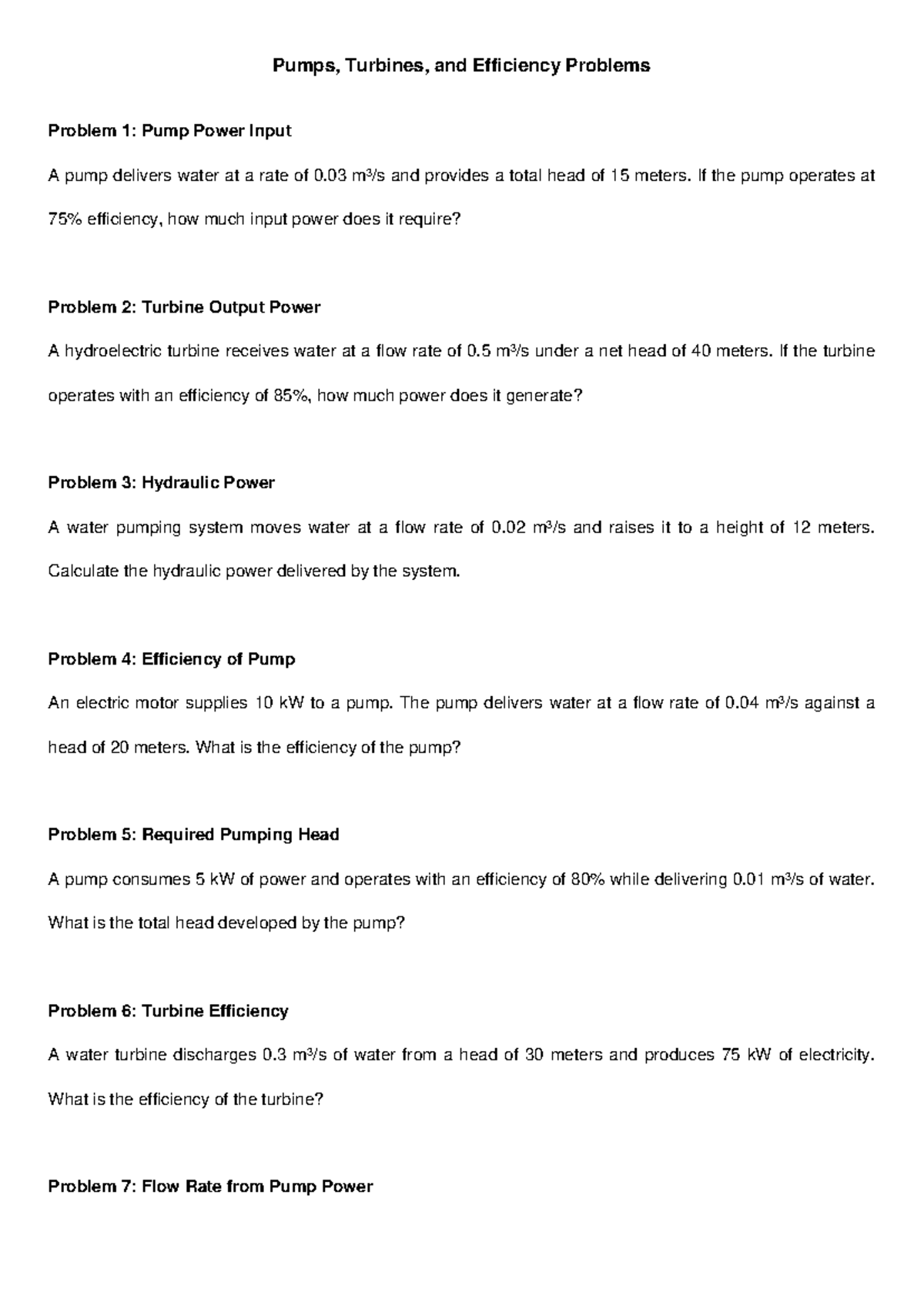 Pumps, Turbines, and Efficiency Problems: Analysis and Calculations ...