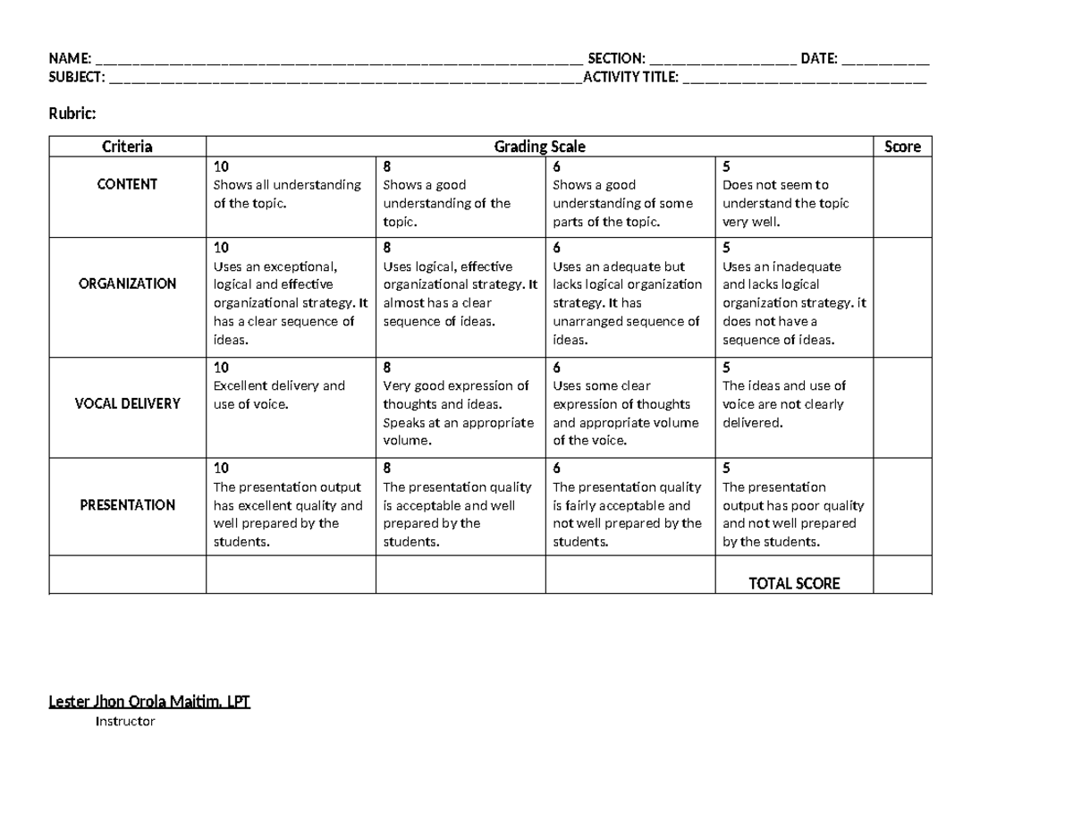 Rubric - NAME ...