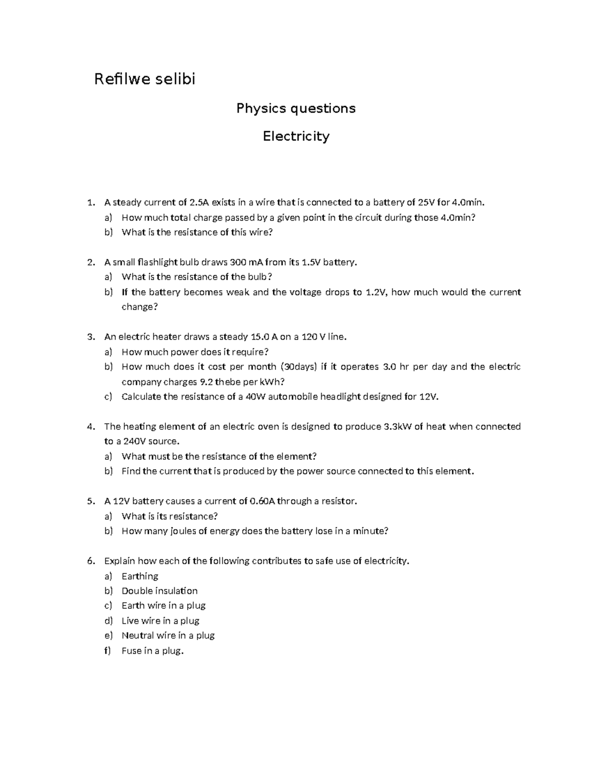 Physics 101: Electricity Questions for Final Exam Preparation - Studocu