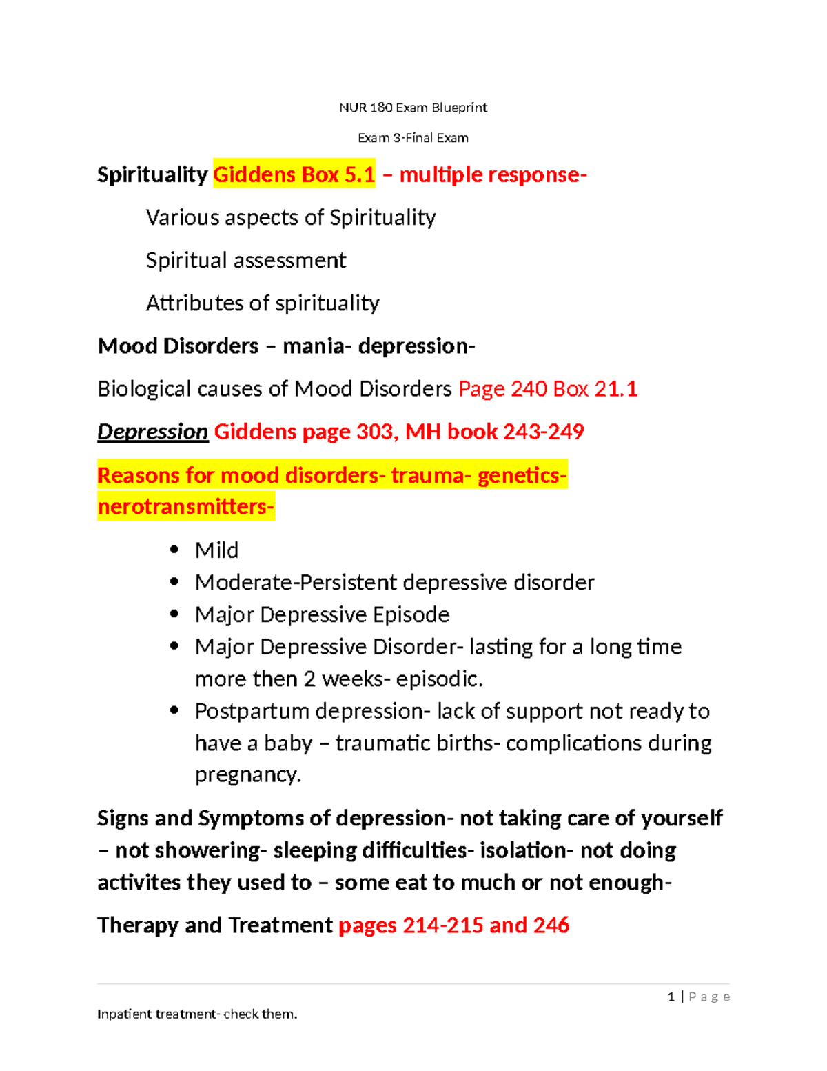 NUR 180 Exam 3 Final Exam Blueprint on Mental Health Disorders - Studocu
