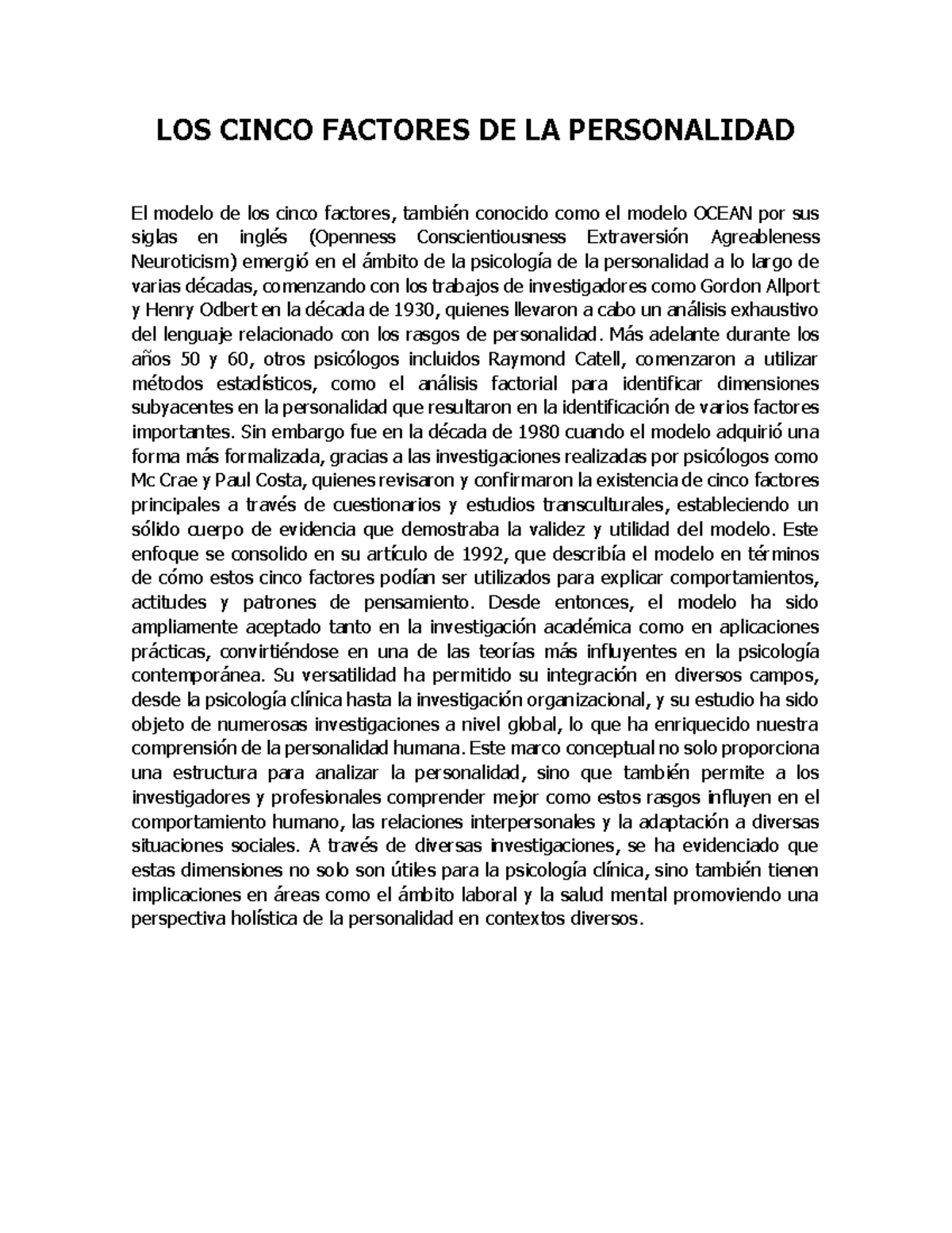 Tarea 2: Conociendo la Personalidad con el Modelo OCEAN de los 5 ...