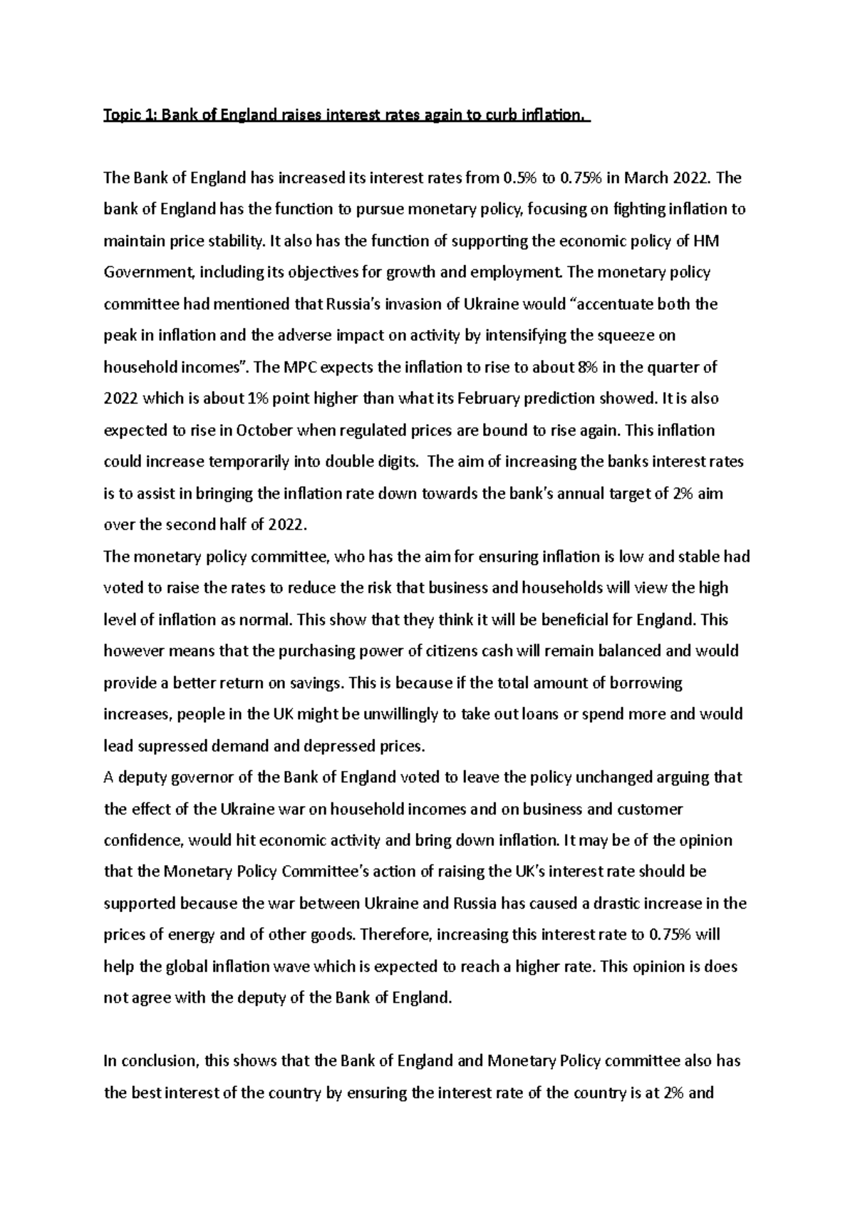 Banking Law Blog 1: BOE Raises Interest Rates to Combat Inflation - Studocu
