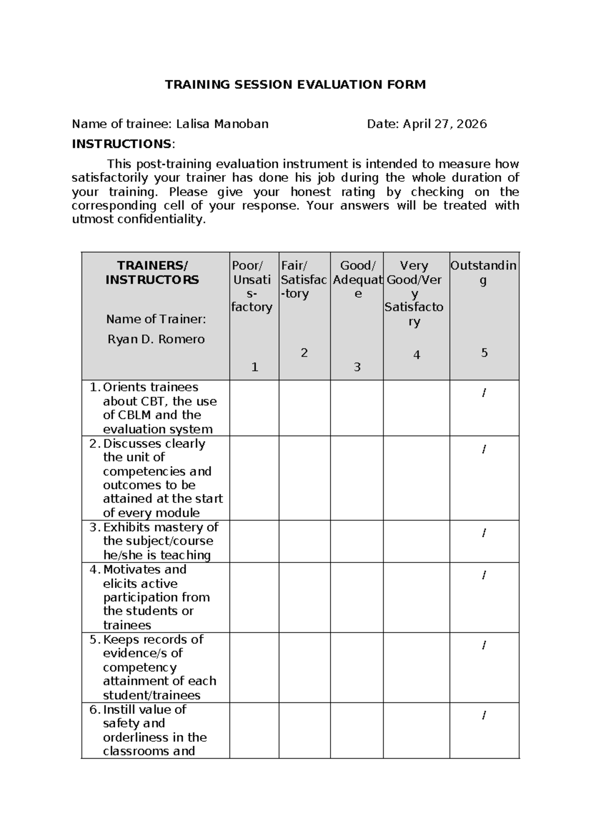 Training Session Evaluation Form: Assessment of Trainer Performance ...