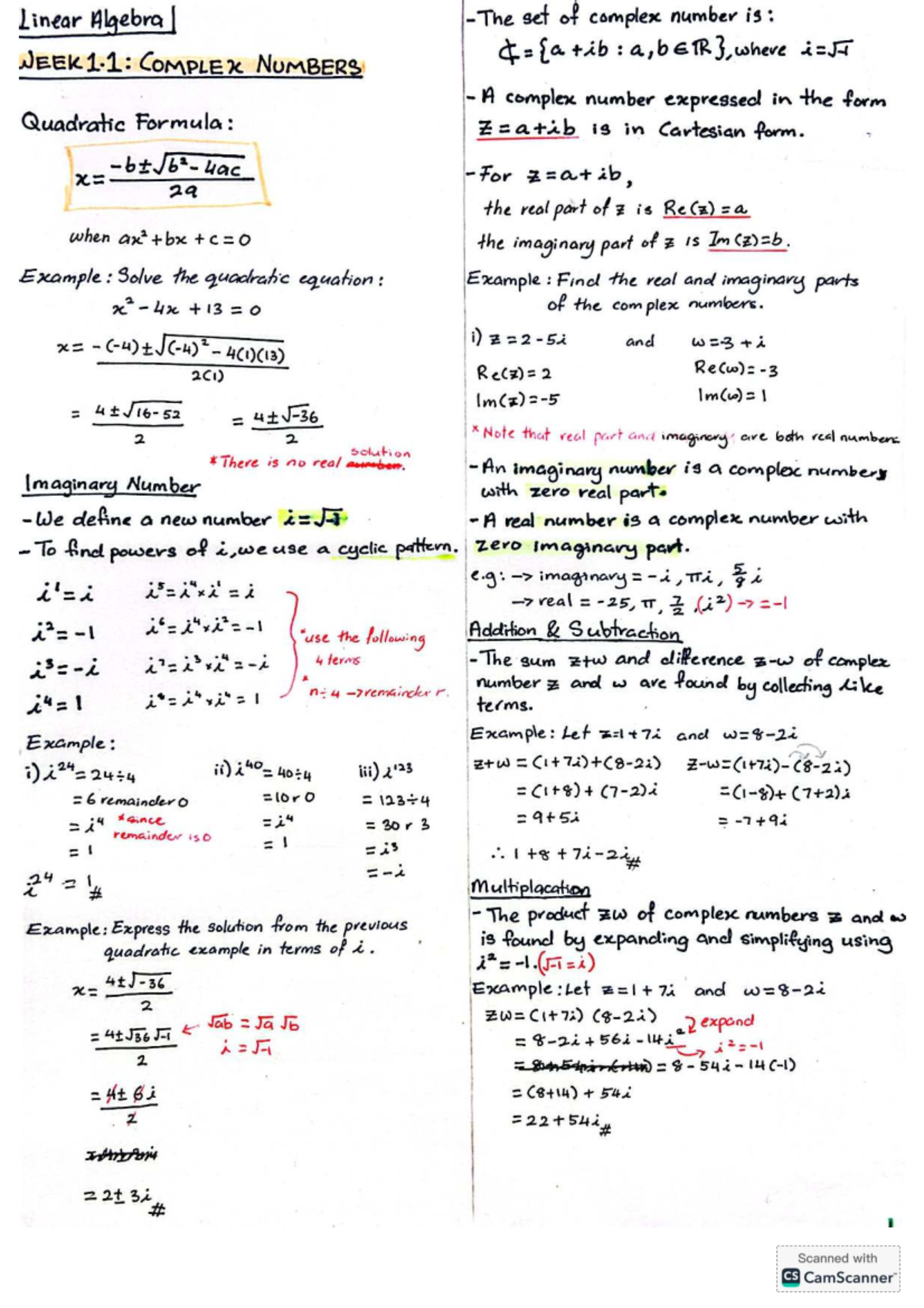 Linear Algebra Notes: Complex Numbers, Vectors, and Matrices (WEEK 1-9 ...