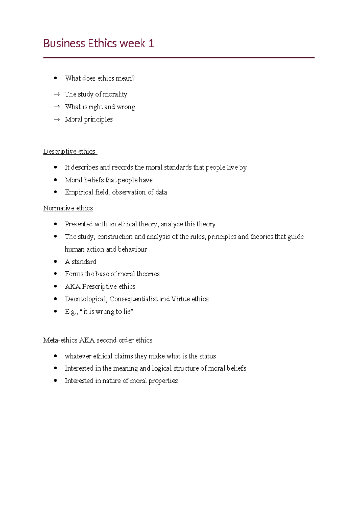 Business Ethics week 1 - week 1 lecture and reading notes - Business ...