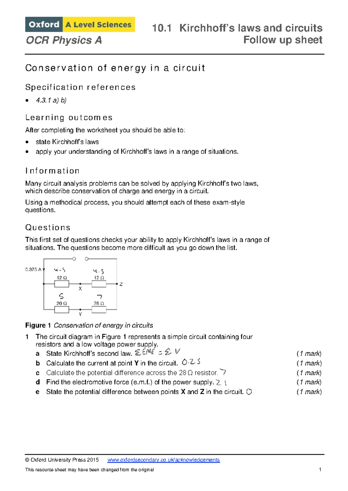 Ch10 Support Kirchhoff: OCR Physics A Circuit Laws & Resistors - Studocu
